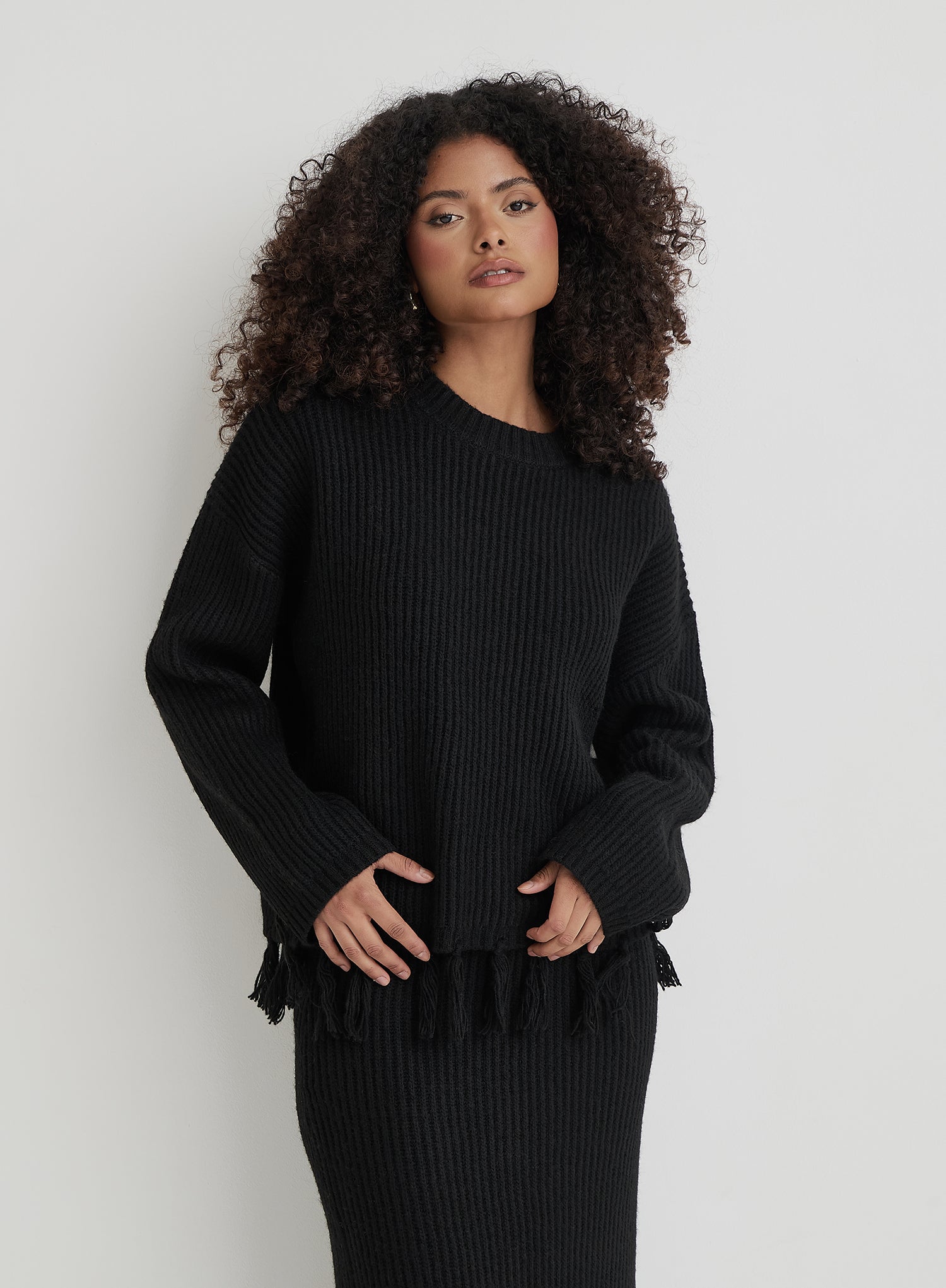 Black Oversized Tassle Trim Jumper
